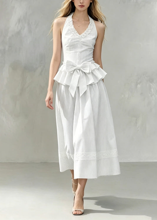 Unique White Striped Ruffled Bow Patchwork Cotton Two Pieces Set Summer