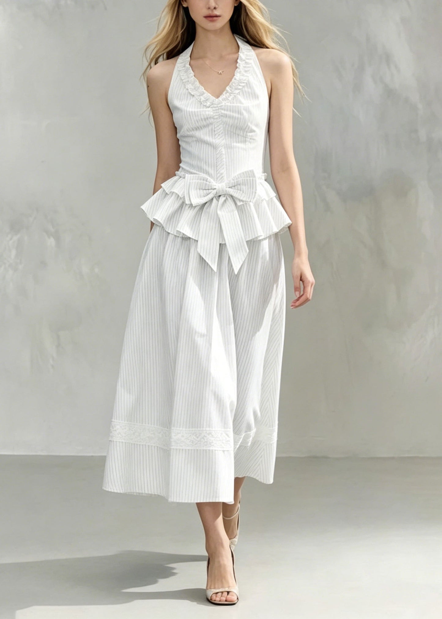 Unique White Striped Ruffled Bow Patchwork Cotton Two Pieces Set Summer