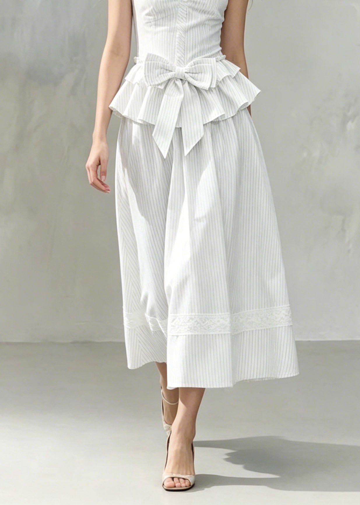 Unique White Striped Ruffled Bow Patchwork Cotton Two Pieces Set Summer