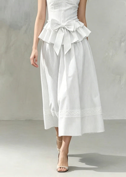 Unique White Striped Ruffled Bow Patchwork Cotton Two Pieces Set Summer