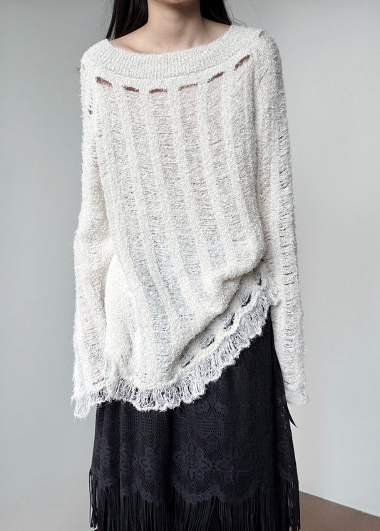 Unique White Tasseled Hollow Out Knitted Tops Winter