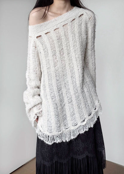 Unique White Tasseled Hollow Out Knitted Tops Winter