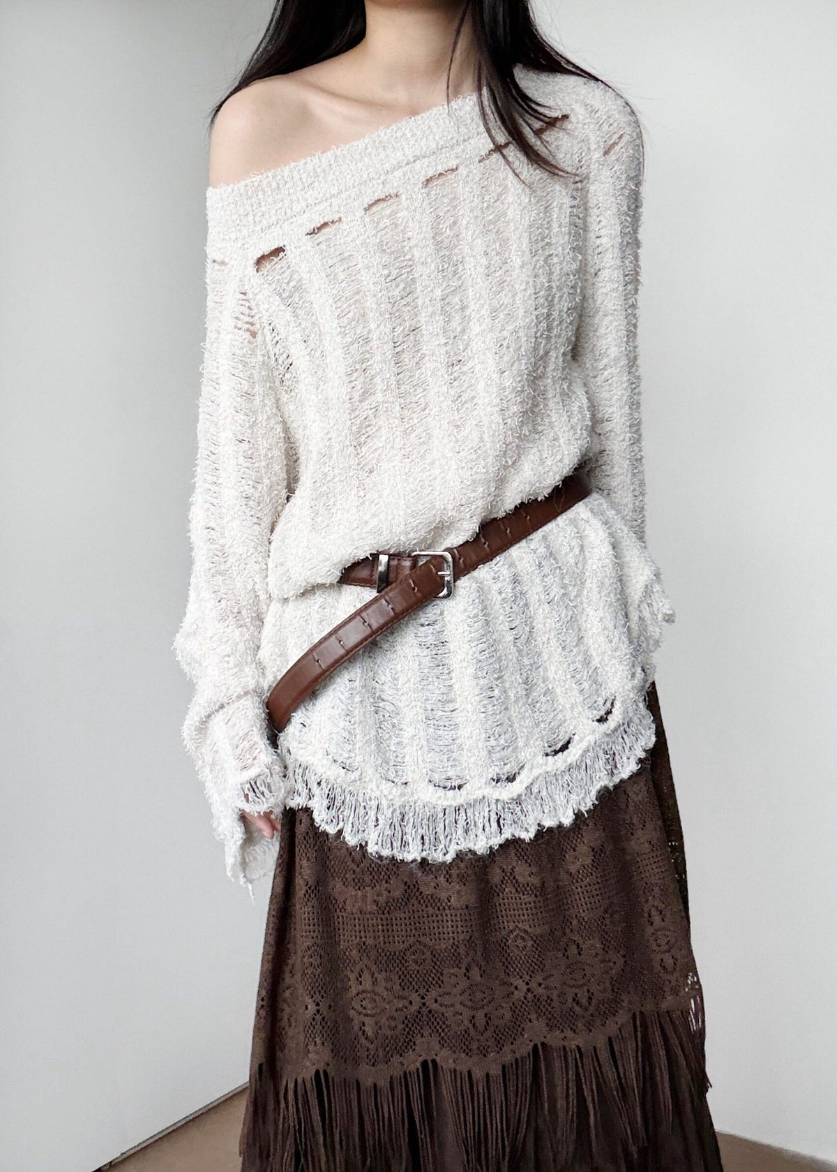 Unique White Tasseled Hollow Out Knitted Tops Winter