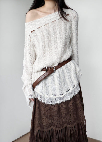Unique White Tasseled Hollow Out Knitted Tops Winter