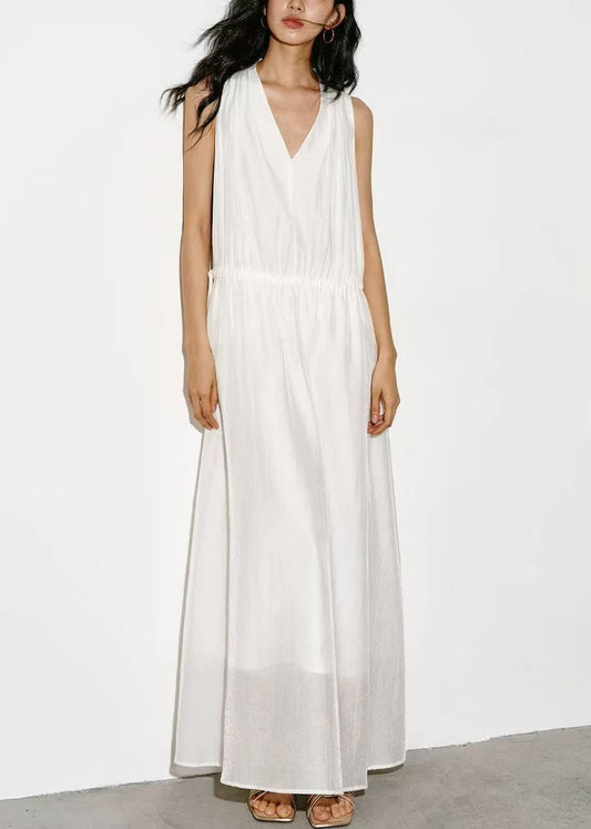 Unique White V Neck Drawstring Maxi Dresses Sleeveless