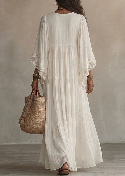 Unique White V Neck Wrinkled Patchwork LaceVacation Dresses Bracelet Sleeve