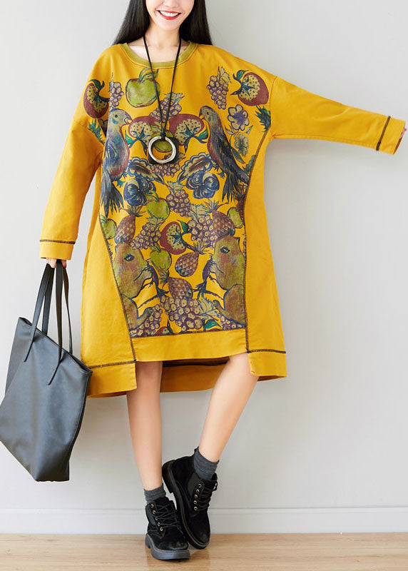 Unique Yellow O-Neck Asymmetrical Animal print Dress Spring
