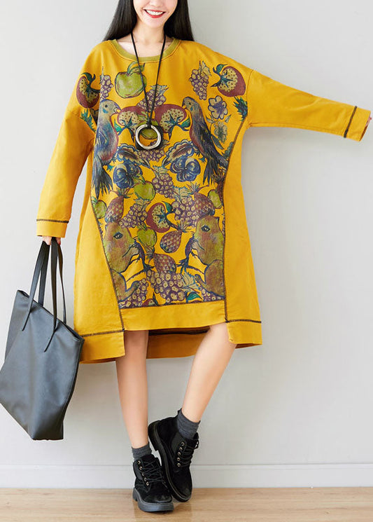 Unique Yellow O-Neck Asymmetrical Animal print Dress Spring