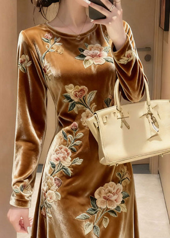 Unique Yellow O-Neck Embroidered Floral Silk Velvet Maxi Dresses Spring