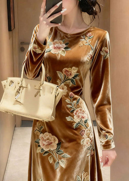 Unique Yellow O-Neck Embroidered Floral Silk Velvet Maxi Dresses Spring