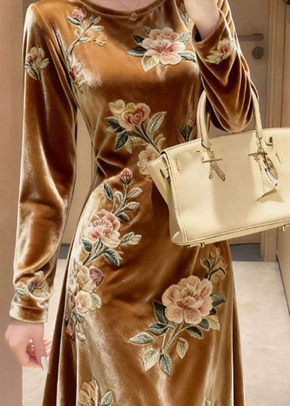 Unique Yellow O-Neck Embroidered Floral Silk Velvet Maxi Dresses Spring