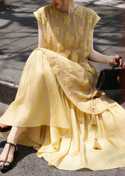 Unique Yellow O-Neck Print Tie Waist Holiday Long Dress Short Sleeve
