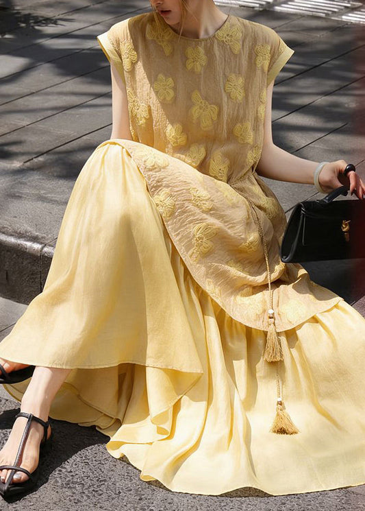 Unique Yellow O-Neck Print Tie Waist Holiday Long Dress Short Sleeve