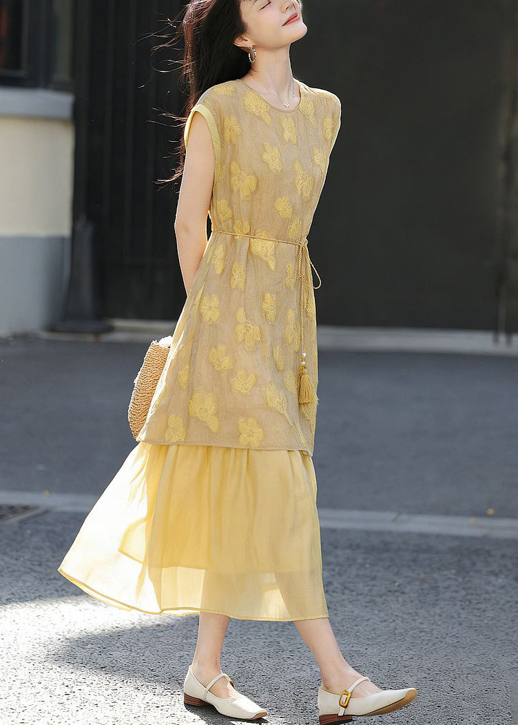 Unique Yellow O-Neck Print Tie Waist Holiday Long Dress Short Sleeve