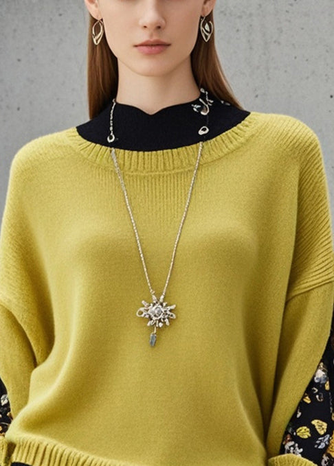 Unique Yellow Oversized Patchwork Fake Two Piece Knitted Tops Fall