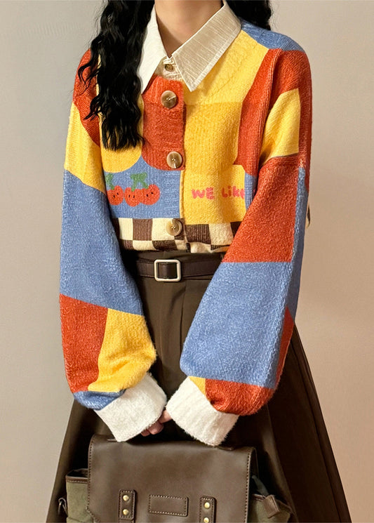 Unique Yellow Plaid Print Patchwork Knit Sweater Spring