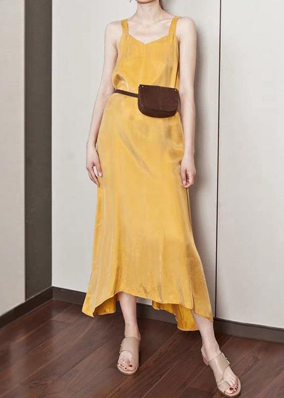 Luxy Silk Dress Yellow Spaghetti Strap Maxi Dress Sundresses - SooLinen