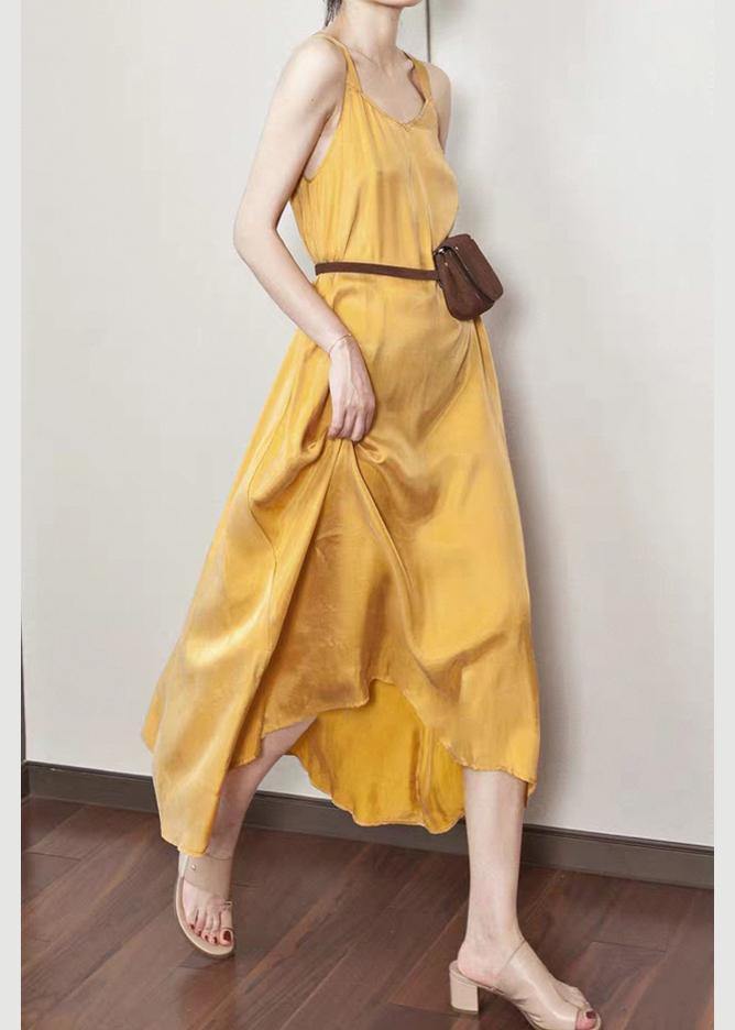 Luxy Silk Dress Yellow Spaghetti Strap Maxi Dress Sundresses - SooLinen