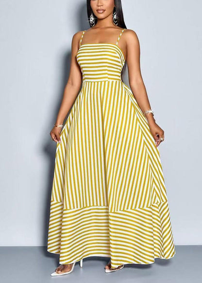 Unique Yellow Striped Spaghetti Strap Exra Large Hem Cotton Long Dress Summer