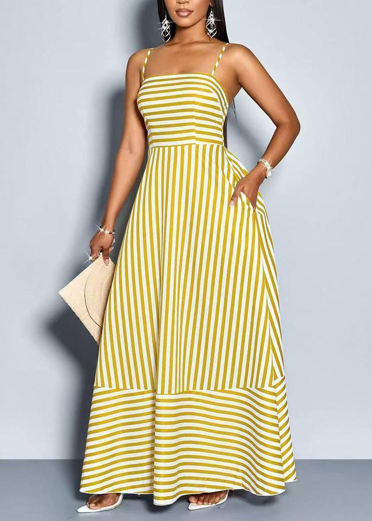 Unique Yellow Striped Spaghetti Strap Exra Large Hem Cotton Long Dress Summer