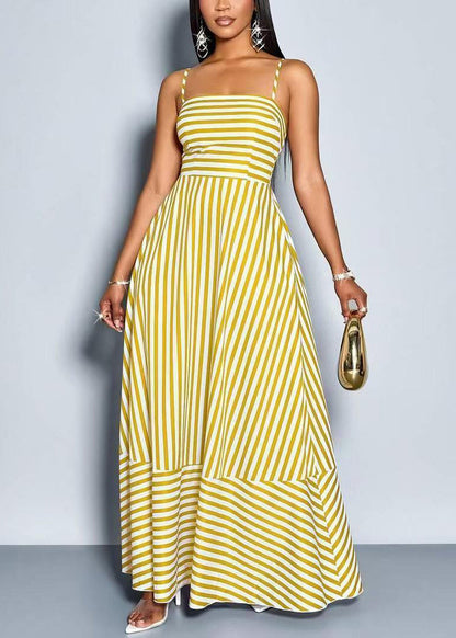 Unique Yellow Striped Spaghetti Strap Exra Large Hem Cotton Long Dress Summer