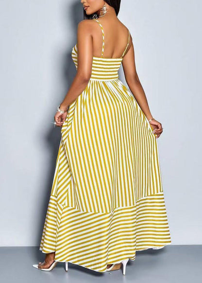 Unique Yellow Striped Spaghetti Strap Exra Large Hem Cotton Long Dress Summer
