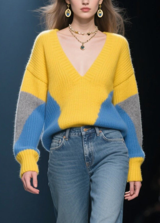 Unique Yellow V Neck Patchwork Cozy Sweaters Winter