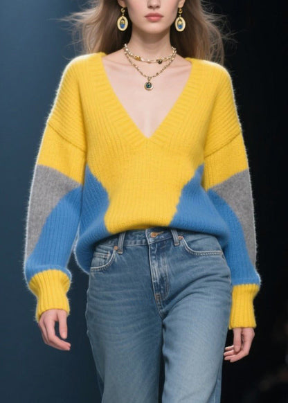 Unique Yellow V Neck Patchwork Cozy Sweaters Winter