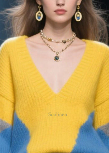 Unique Yellow V Neck Patchwork Cozy Sweaters Winter