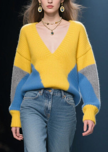 Unique Yellow V Neck Patchwork Cozy Sweaters Winter