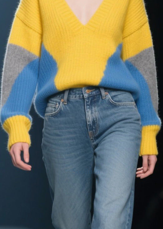 Unique Yellow V Neck Patchwork Cozy Sweaters Winter
