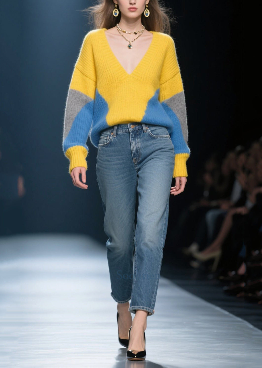 Unique Yellow V Neck Patchwork Cozy Sweaters Winter