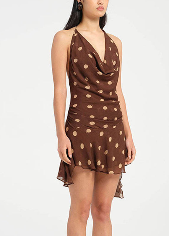 Unique Yellow V Neck Print Backless Chiffon Mid Dresses Sleeveless