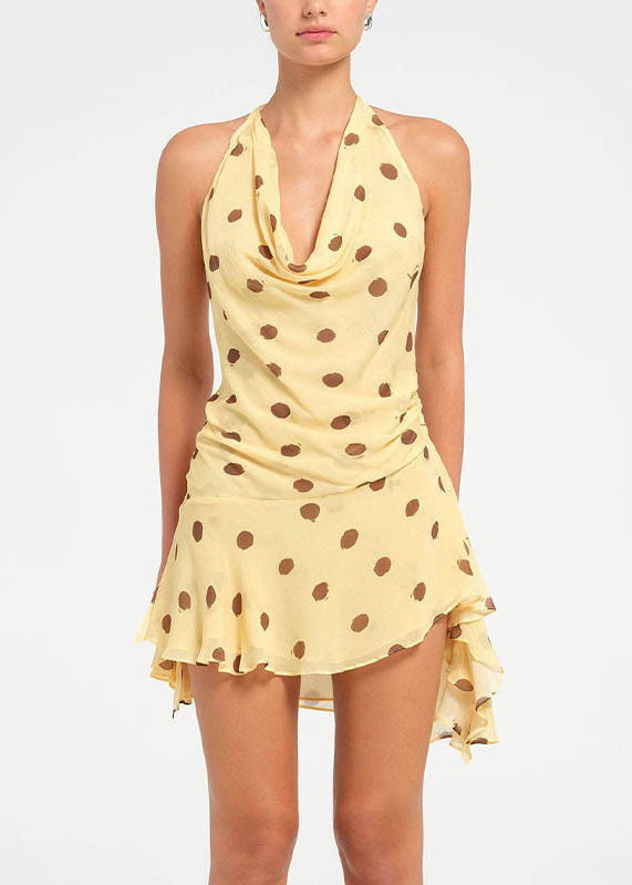 Unique Yellow V Neck Print Backless Chiffon Mid Dresses Sleeveless