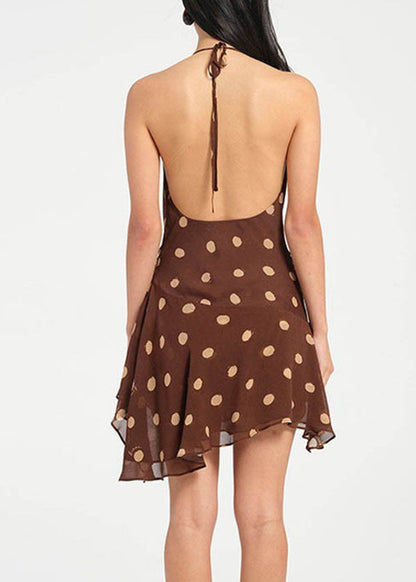 Unique Yellow V Neck Print Backless Chiffon Mid Dresses Sleeveless