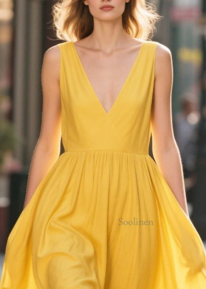Unique Yellow V Neck Print Chiffon Maxi Dress Summer