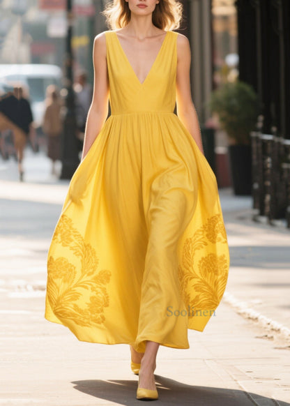 Unique Yellow V Neck Print Chiffon Maxi Dress Summer
