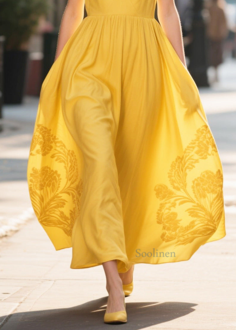 Unique Yellow V Neck Print Chiffon Maxi Dress Summer