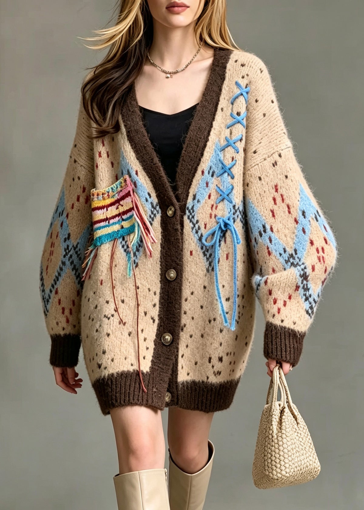 Unique Yellow V Neck Print Cinched Cotton Knit Cardigan Fall