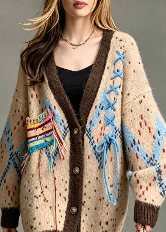 Unique Yellow V Neck Print Cinched Cotton Knit Cardigan Fall
