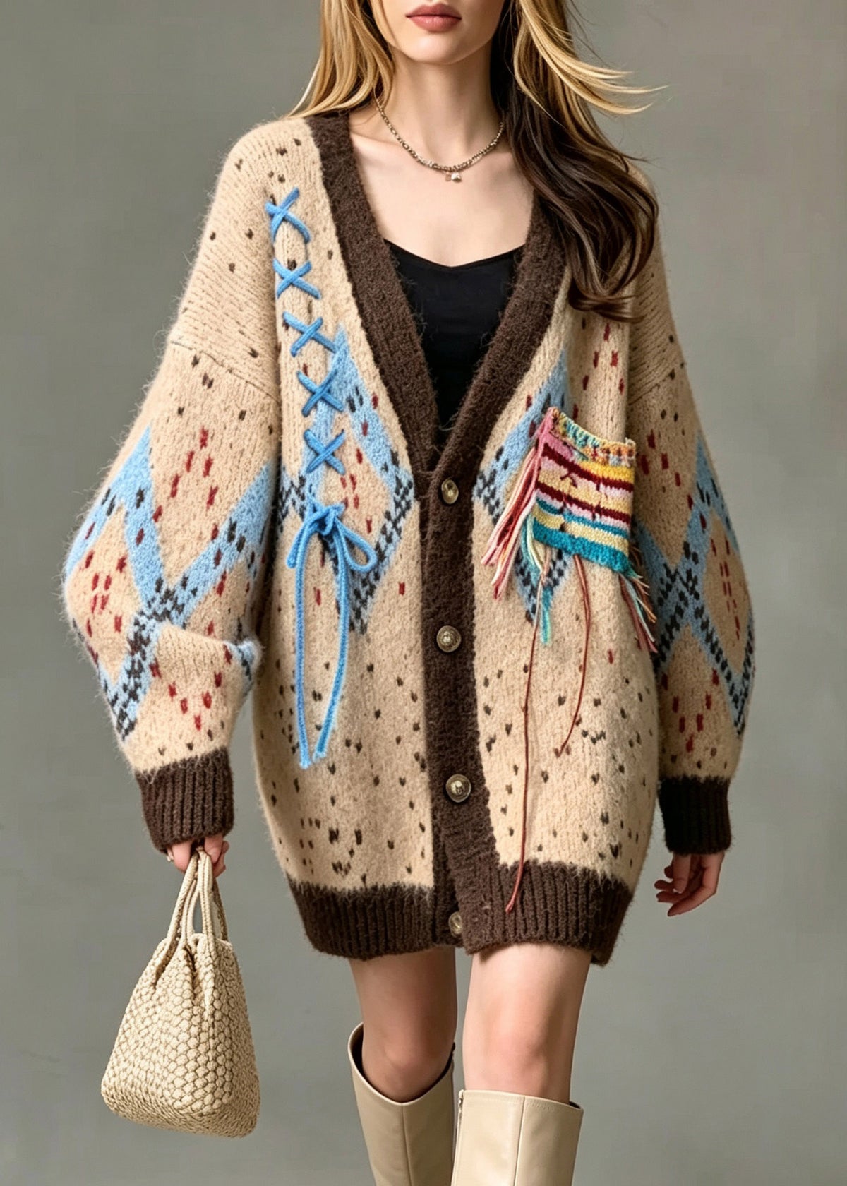 Unique Yellow V Neck Print Cinched Cotton Knit Cardigan Fall