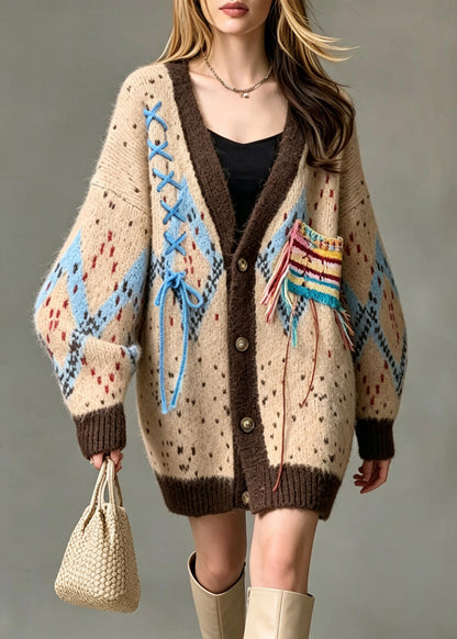 Unique Yellow V Neck Print Cinched Cotton Knit Cardigan Fall