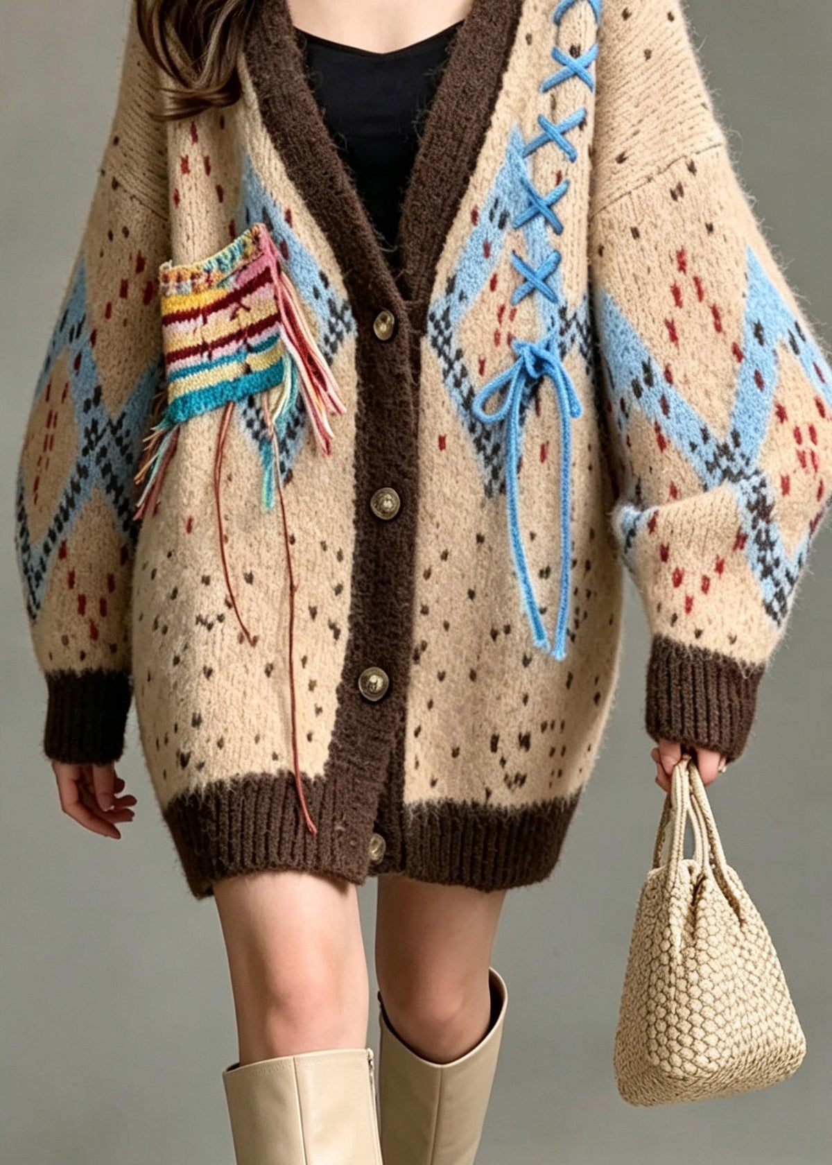 Unique Yellow V Neck Print Cinched Cotton Knit Cardigan Fall