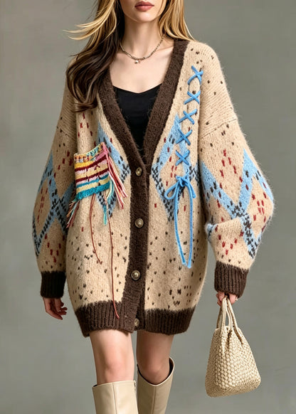 Unique Yellow V Neck Print Cinched Cotton Knit Cardigan Fall