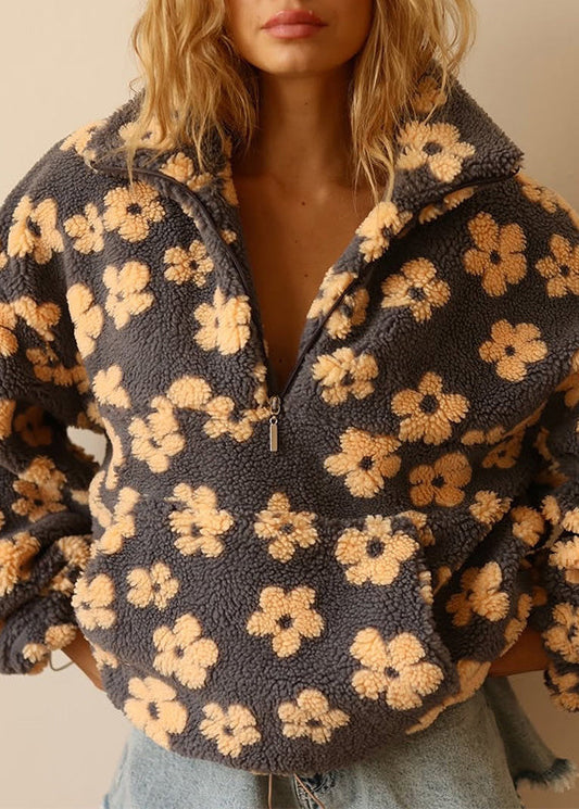 Unique Yellow Zip Up Floral Faux Fur Short Top Spring