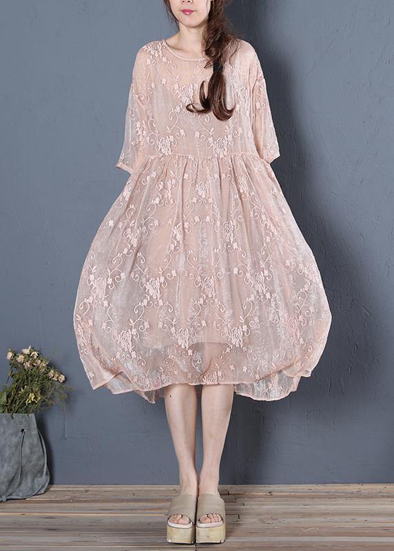 Unique beige clothes For Women o neck half sleeve oversized summer Dress - SooLinen