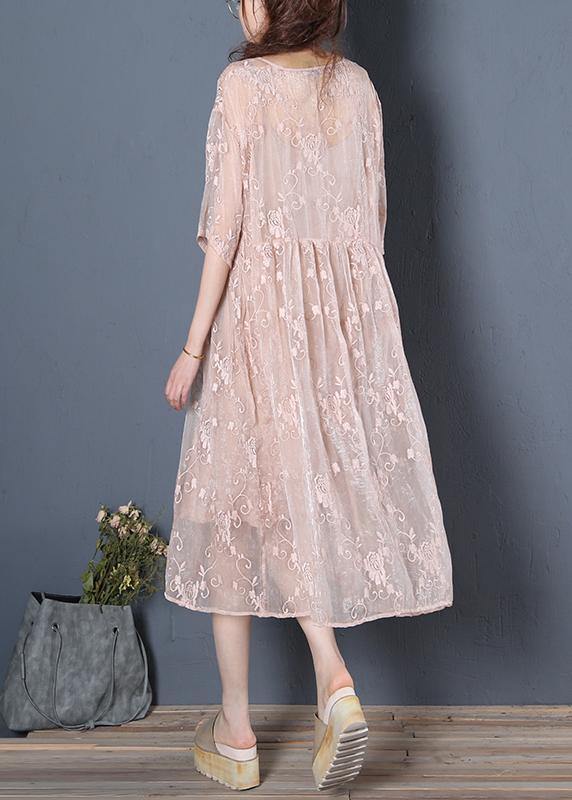 Unique beige clothes For Women o neck half sleeve oversized summer Dress - SooLinen