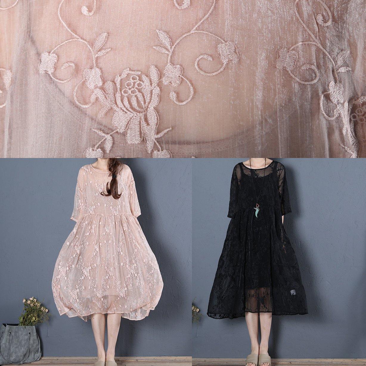 Unique beige clothes For Women o neck half sleeve oversized summer Dress - SooLinen