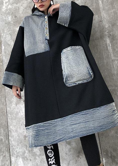 Unique black Cotton Tunics hooded pockets cotton Dress - SooLinen