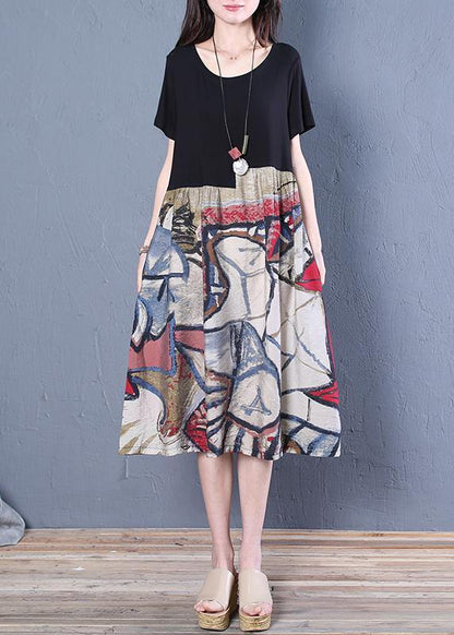 Unique black Cotton tunic pattern o neck patchwork Midi Dresses - SooLinen